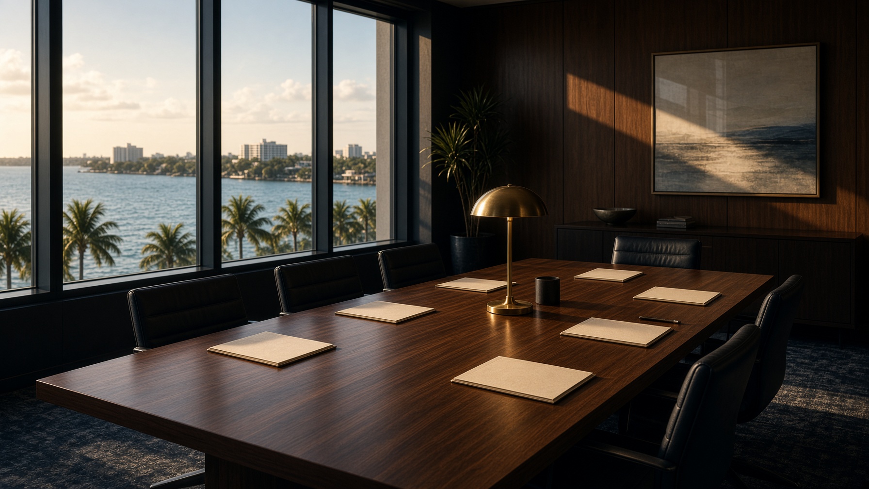 An empty conference room overlooking the water in late-afternoon light