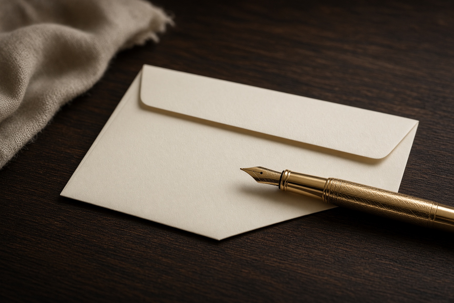 A cream envelope and gold fountain pen on a walnut desk