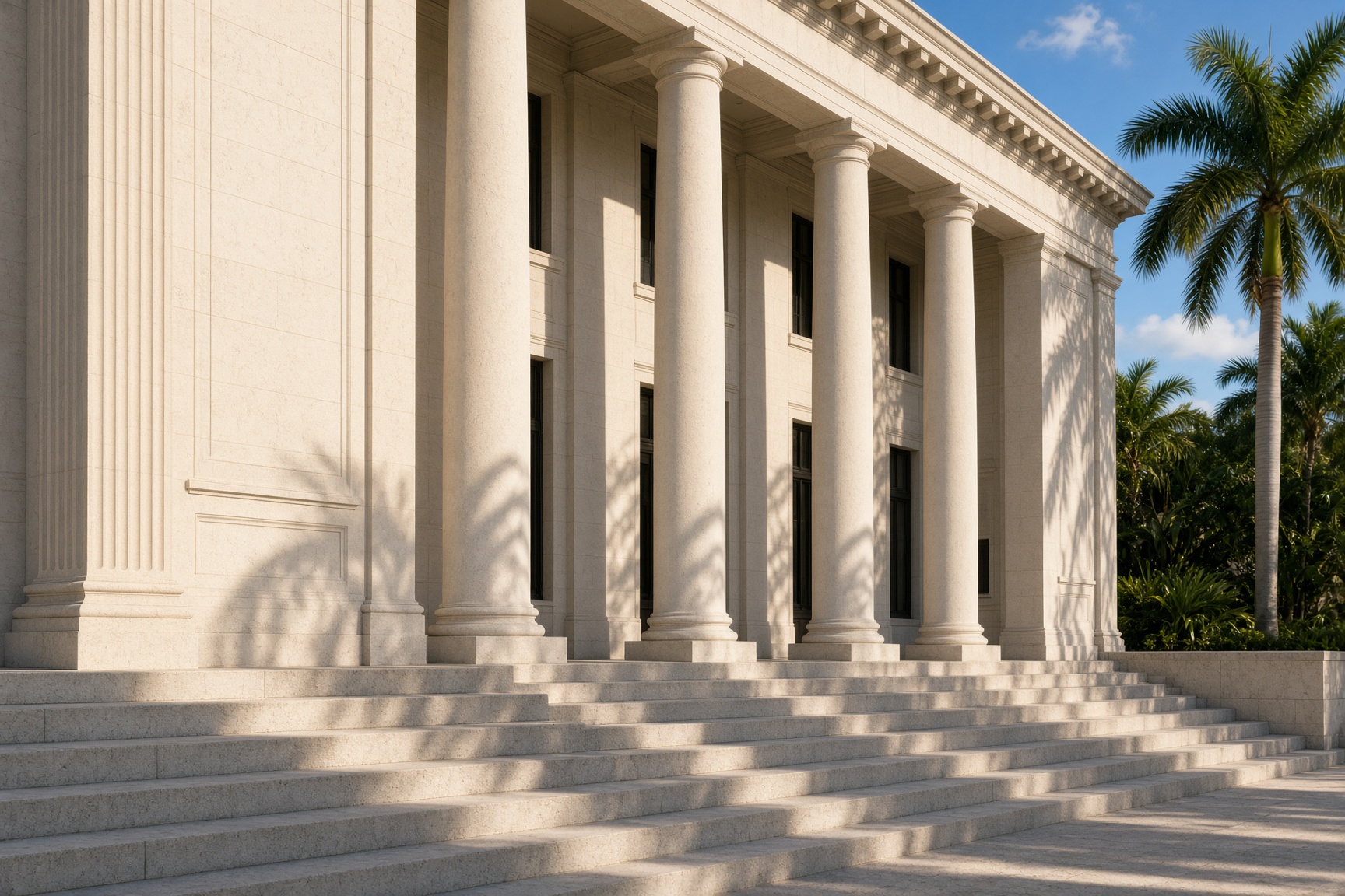 A pale stone courthouse colonnade in afternoon light