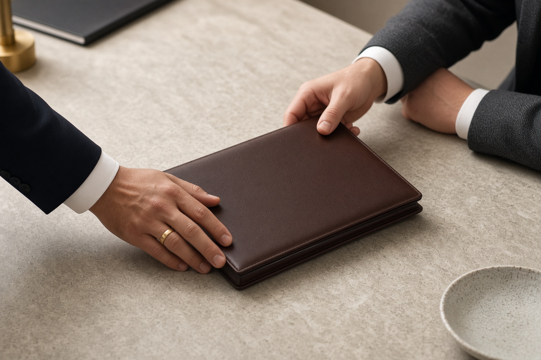 Hands reviewing a closed leather portfolio across a table