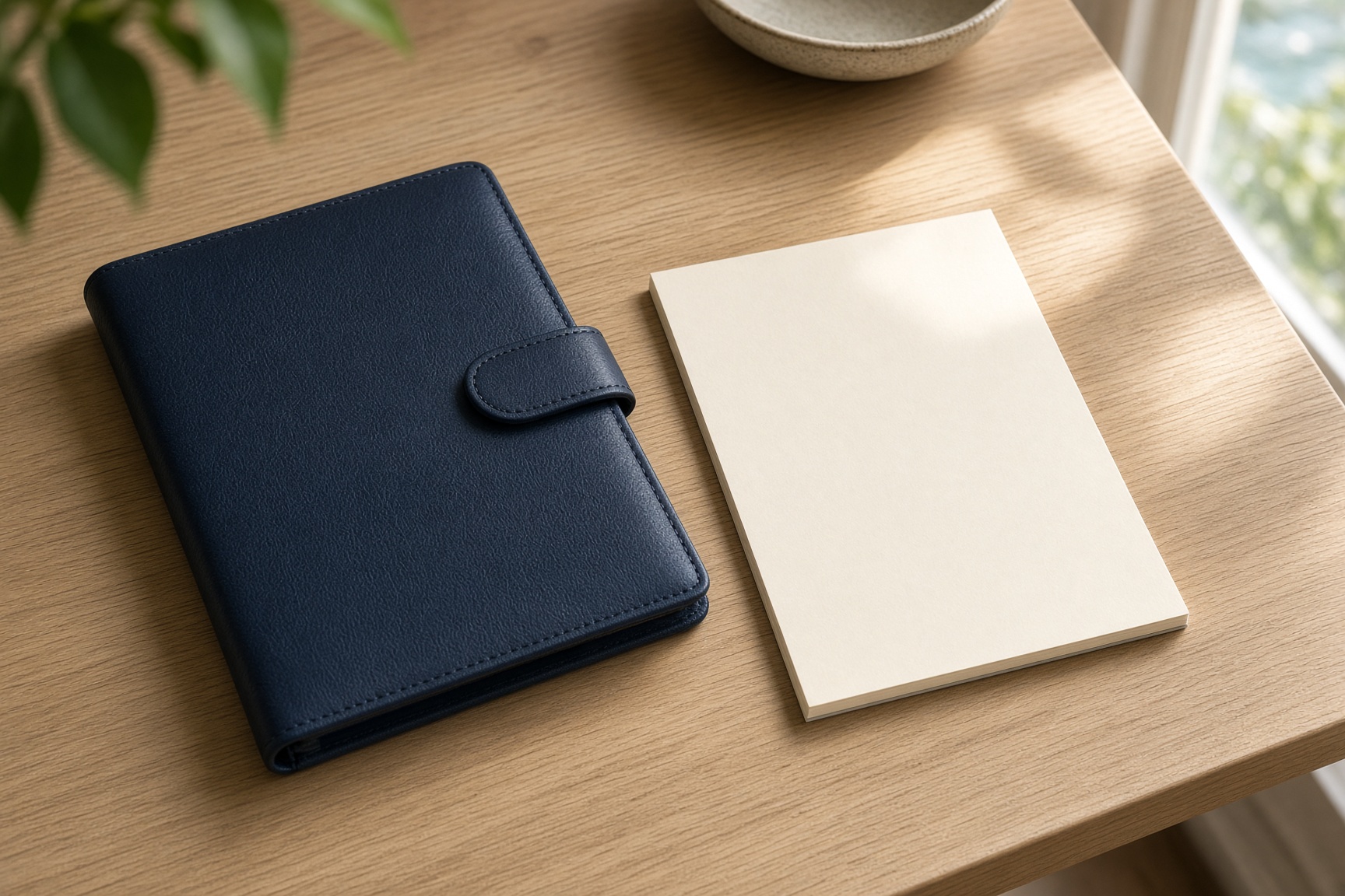 A closed leather folio and a blank notepad on a desk